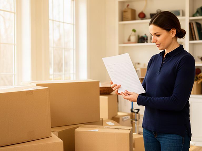 Moving coordinator reviewing a customer form beside packed boxes in a bright Gatineau home
