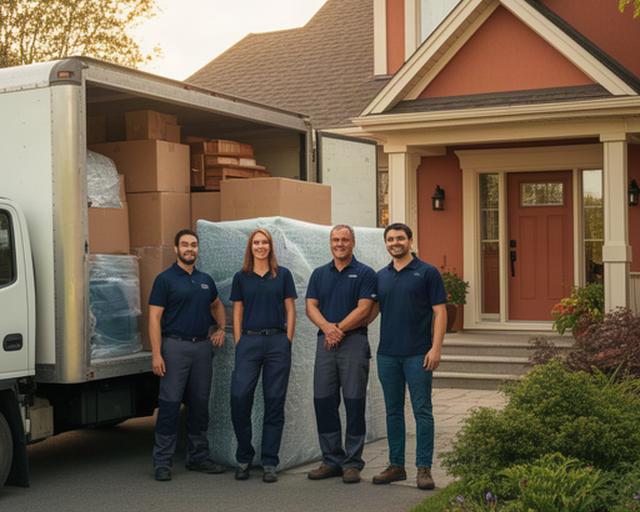 Moving crew members standing beside a loaded truck outside a Gatineau home