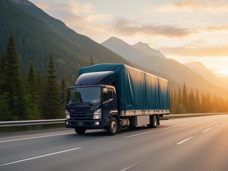 Moving truck travelling on a Quebec highway at sunrise with mountains and a secured household load