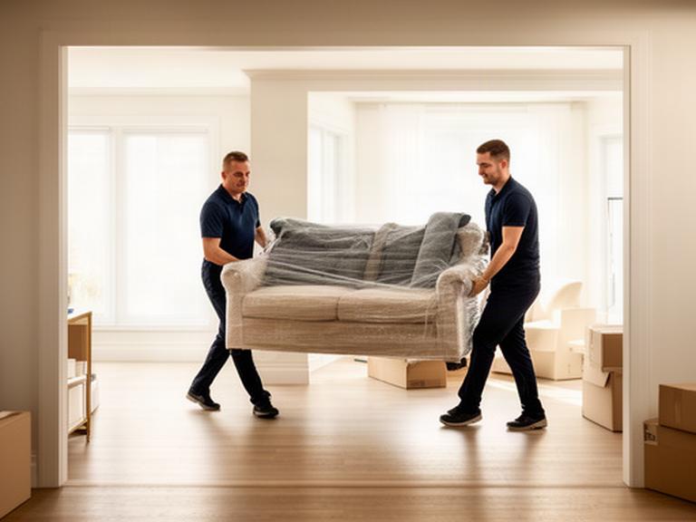 Professional movers carrying a wrapped sofa through a bright Gatineau home