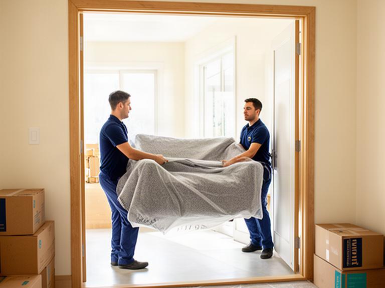 Professional movers carrying a wrapped sofa through a bright Gatineau home doorway