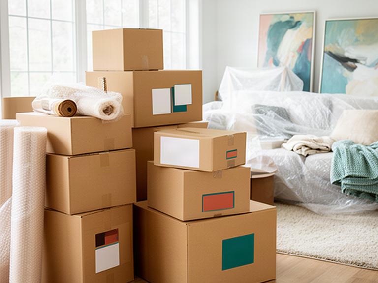 Neatly packed moving boxes with room labels and protective wrap in a bright Gatineau home