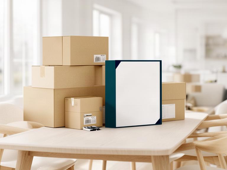 Moving boxes and a signed service agreement on a dining table in a bright Gatineau home