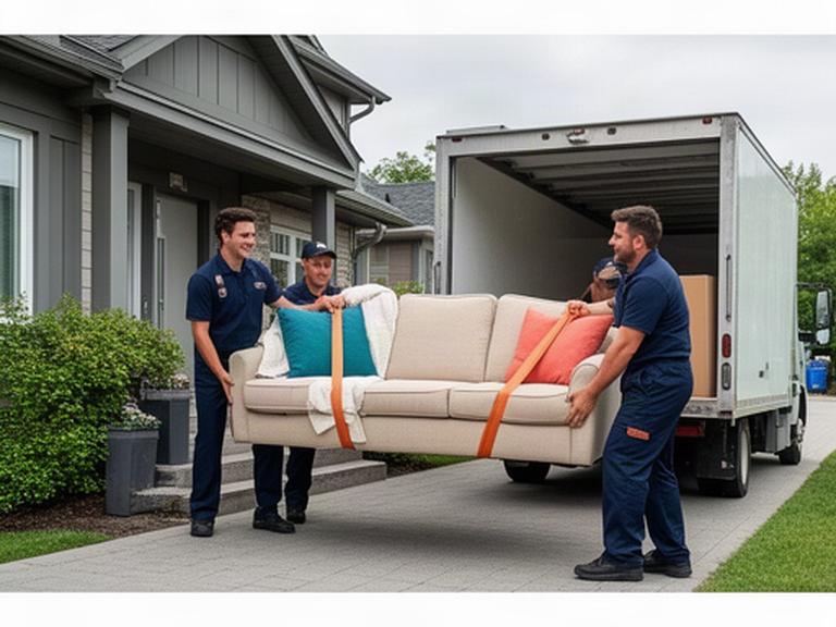 Uniformed movers carrying a sofa from a Gatineau home toward a waiting moving truck